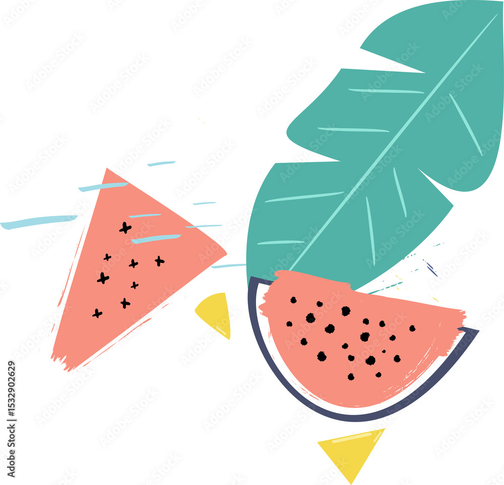 Poster showing abstract watermelon slices and leaf, yellow triangles, teal strokes, transparent background