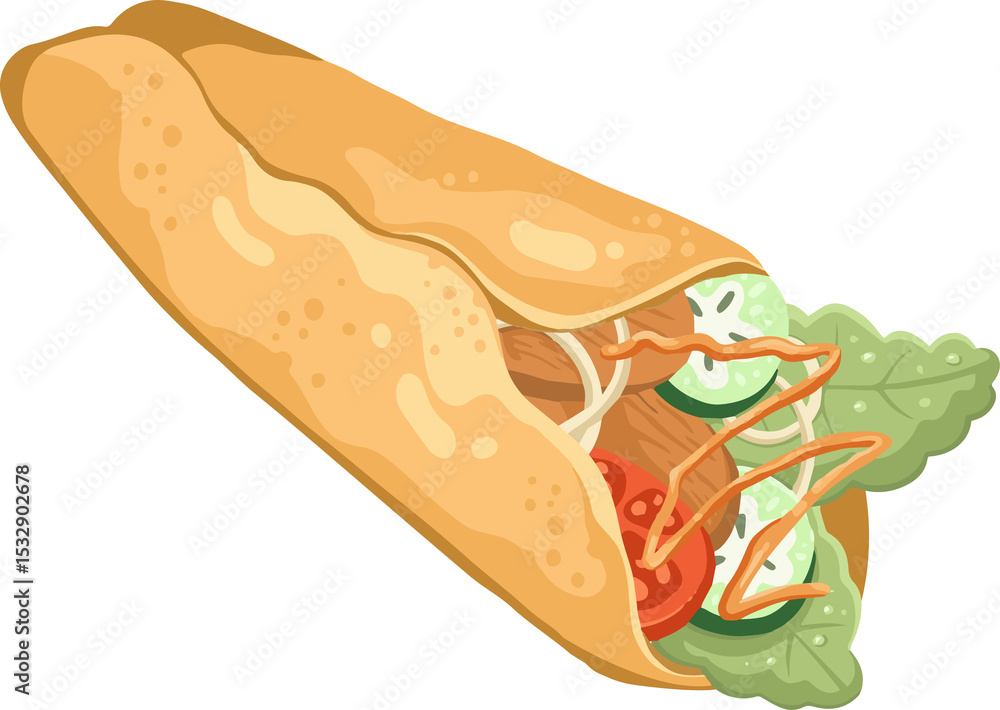 Poster flat design is showing wrap bulging with veggies, meat, onion and sauce on transparent background