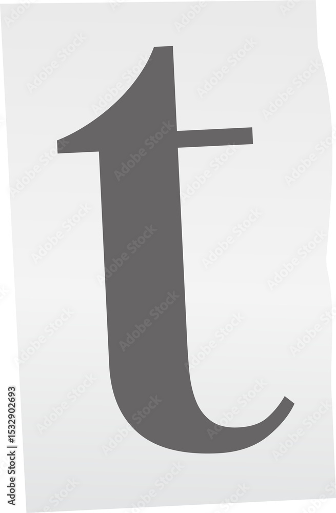 Poster flat design dark grey lowercase t is floating on wrinkled white sheet on transparent background