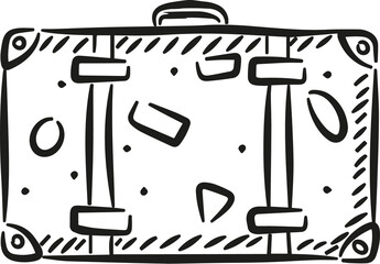 Line art is showing suitcase with straps, buckles, corner guards, shapes on transparent background