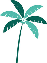 Flat palm tree graphic is standing with teal trunk, green fronds, coconuts, transparent background
