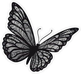 Monochrome butterfly showing gray swirling motifs, outlines in cutout sticker on clear background