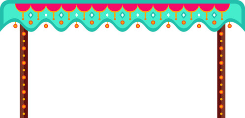 Showing flat scalloped teal-pink canopy with hanging lanterns and lit poles transparent background