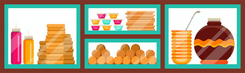 Flat illustration of teal snack stall showing sauces, dips, breads, balls, clay pot, transparent bg