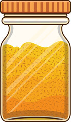 Flat illustration is showing glass jar on transparent background with yellow granules, striped lid