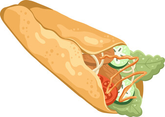 Flat design is showing wrap bulging with veggies, meat, onion and sauce on transparent background
