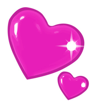Fototapeta Cartoon style pair of glossy pink hearts are floating on transparent backdrop with shiny highlights
