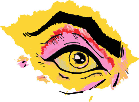 Fototapeta Eye is showing pop art look featuring yellow iris, pink and black strokes on transparent background