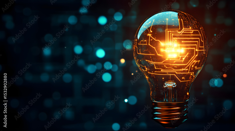 Poster a glowing lightbulb with an illuminated circuit pattern inside, symbolizing innovation and technolog