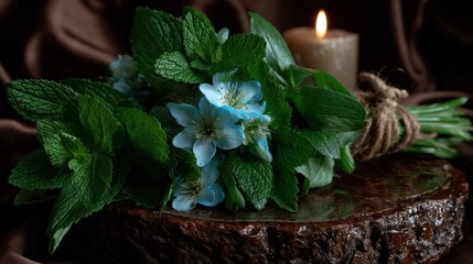 Herbal bundles on old wooden medieval table