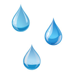Blue water drops with varying transparency and reflections on white background