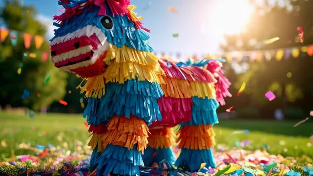 Vibrant colorful pi&ntilde;ata on green lawn with confetti and flags for fiesta celebrations or themed party outdoors