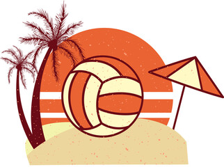 Volleyball is resting on dune in flat design with palm trees, umbrella, striped sun, transparent bg