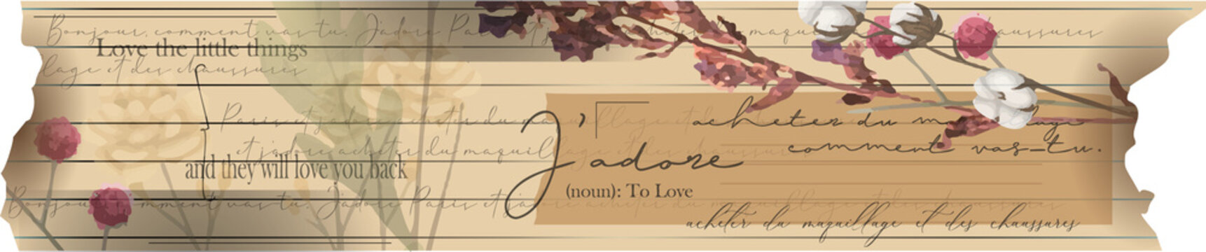 Fototapeta Torn lined paper is floating in flat collage with cursive text, cotton bolls, transparent backdrop