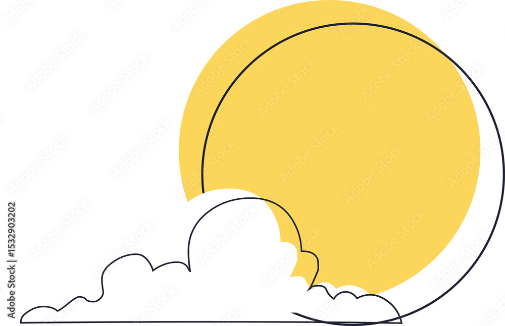 Poster weather icon is showing sun hiding behind cloud in flat design on transparent canvas