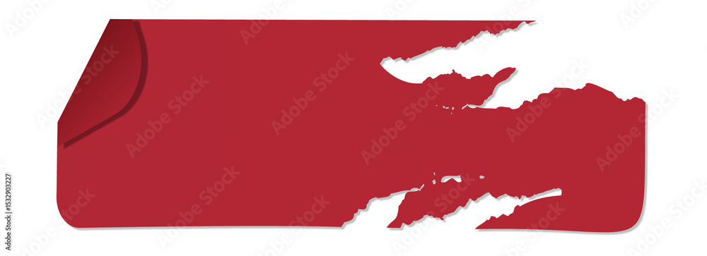 Poster displaying flat vector red banner shape with jagged edge and curved corner, transparent background