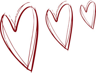 Three red sketched hearts are lining up on transparent background with double outlines, copy space
