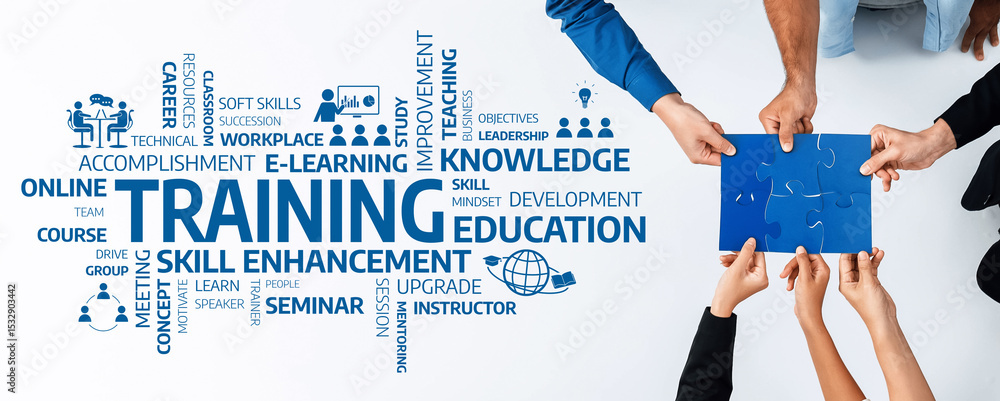 Poster engaging image showcasing diverse hands participating in a collaborative training session, emphasizi