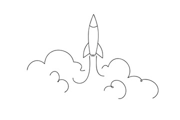 Rocket launching through clouds simple line art illustration