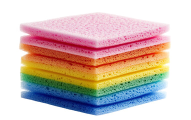 Multi color sponge pack stacked neatly for household cleaning and kitchen use isolated on transparent background PNG