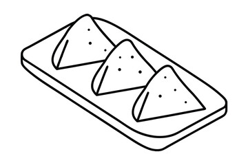 Three triangular snacks on a serving tray line-art illustration