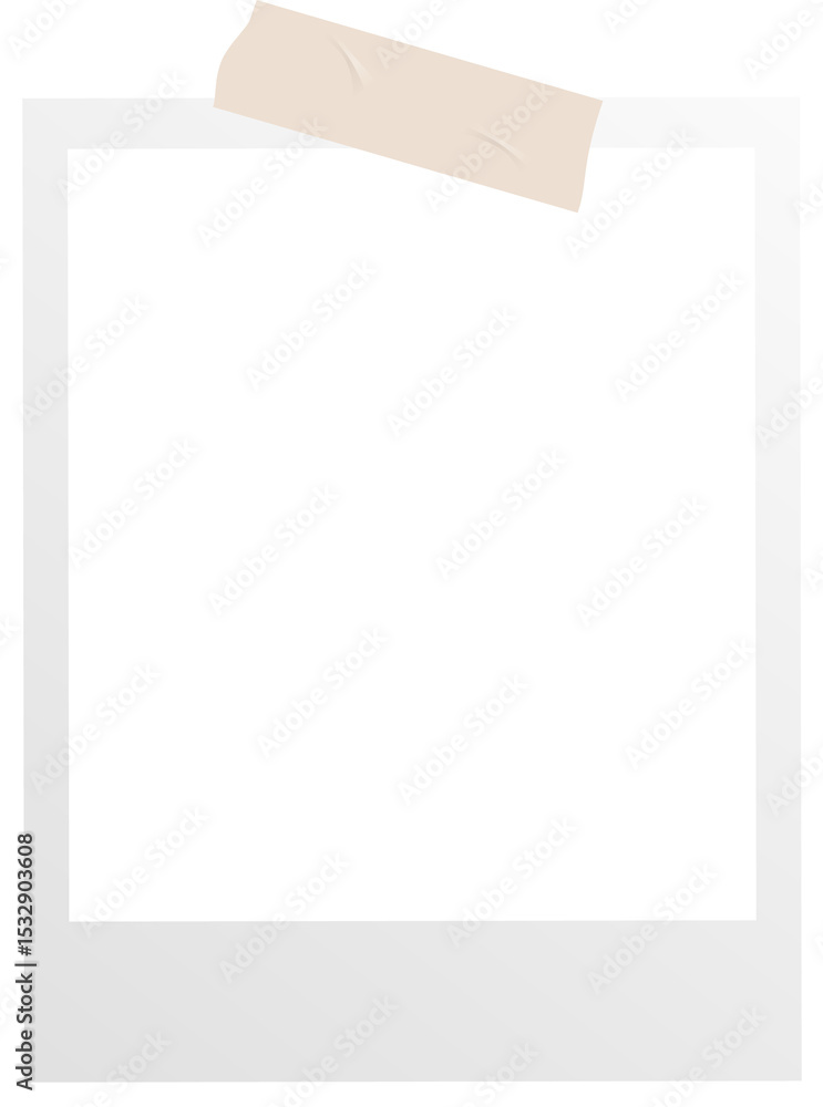 Poster displaying flat-design white instant frame with beige tape topping lower edge on transparent canvas