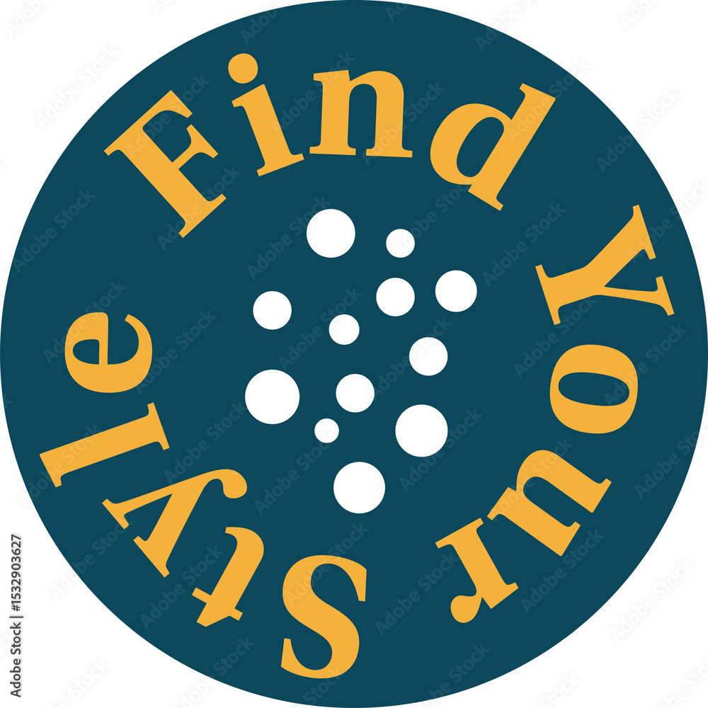 Poster flat vector badge is showing white dots and yellow find your style letters on transparent backdrop