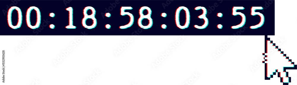 Poster Countdown timer is glitching with red-blue offset and pixel cursor on transparent canvas
