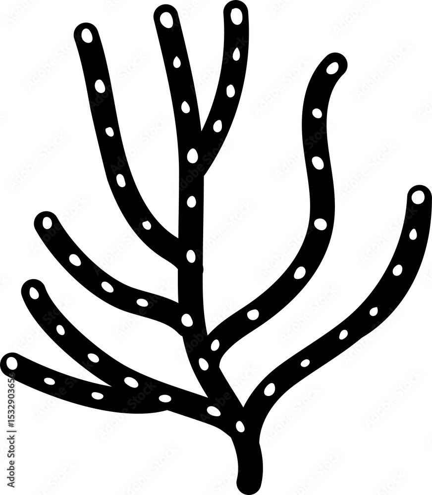 Poster flat vector black branching form is floating on transparent background, with white dotted pattern