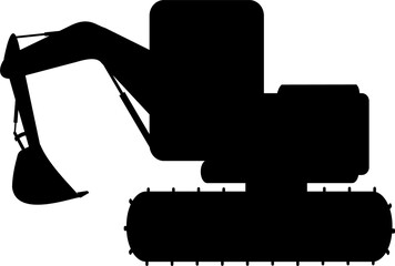 Showing excavator silhouette in clear backdrop, featuring tracks, boom, bucket, cab, counterweight