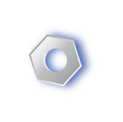 Displaying 3D steel hex nut angled within glowing blue circular halo on transparent background