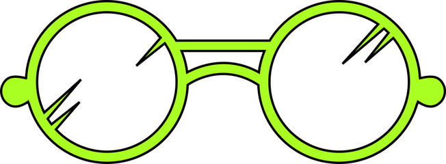 Line art showing neon green round glasses frames floating on transparent bg with lens highlights