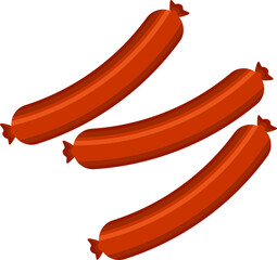 Three stylized sausages are being shown in flat design with twisted ends, transparent background