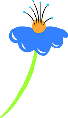 Stylized flat blue wildflower floating on transparent backdrop showing green stem and orange center