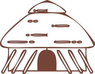 Obraz premium Flat line art is showing wooden hut with arched doorway and roof planks on transparent background