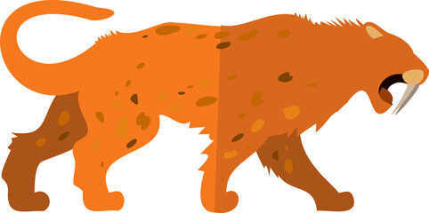 Prehistoric saber-toothed feline is striding in flat style with long canines transparent background
