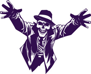 Skeleton is lunging in purple-white flat design with fedora and trench coat, transparent background