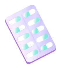 Stylized blister pack is floating on transparent background in 3D holding green-and-white capsules