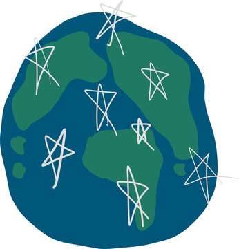 Naklejki Showing vector Earth over transparent canvas with green landmasses and scribbled white stars