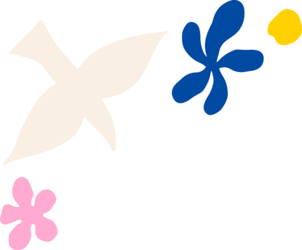 Flat design is showing on transparent background cream form, blue splash, pink motif, yellow blob