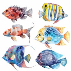 Fototapeta premium Colorful aquarium fish, Isolated elements on a white background. Watercolor hand drawing.