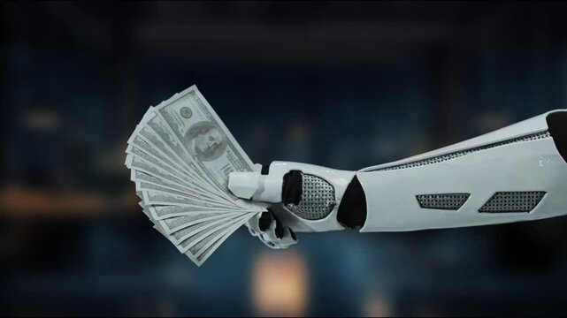 A futuristic robotic hand presents a fanned set of banknotes, symbolizing the intersection of artificial intelligence and modern finance in a digital world. MZL