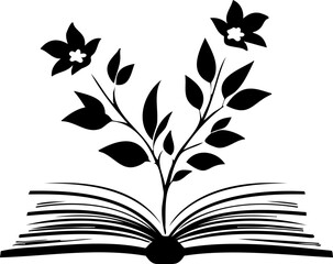 Black vector logo of flowers blooming from an open book, minimalist silhouette on white background, educational and botanical concept, symbolic reading growth emblem