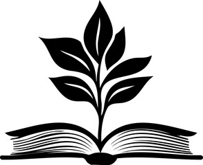 Black vector logo of flowers blooming from an open book, minimalist silhouette on white background, educational and botanical concept, symbolic reading growth emblem
