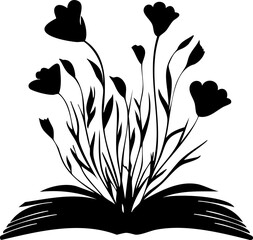 Vector silhouette logo of an open book with flowers growing from its pages, symbolizing knowledge, learning, and natural growth.