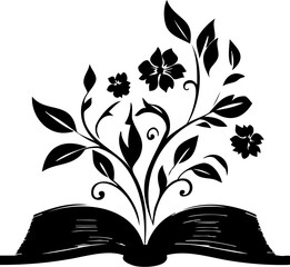 Black and white floral book logo in minimalist vector style, perfect for educational or botanical branding designs.