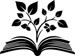 Black vector logo of flowers blooming from an open book, minimalist silhouette on white background, educational and botanical concept, symbolic reading growth emblem