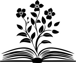 Black vector logo of flowers blooming from an open book, minimalist silhouette on white background, educational and botanical concept, symbolic reading growth emblem