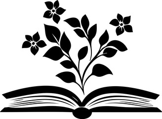 Vector silhouette logo of an open book with flowers growing from its pages, symbolizing knowledge, learning, and natural growth.