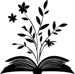 Black and white floral book logo in minimalist vector style, perfect for educational or botanical branding designs.